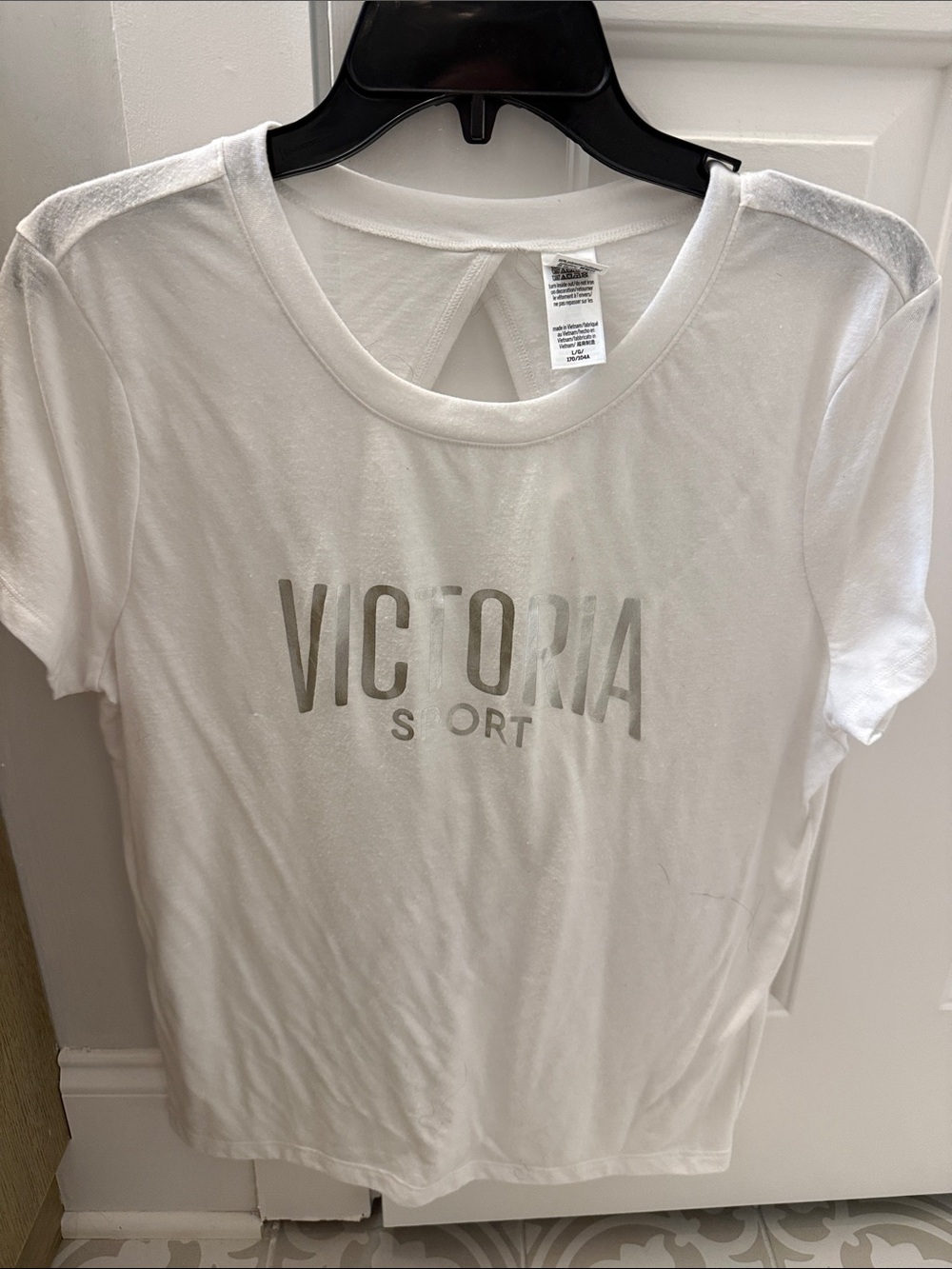 Victoria's Secret White Short-Sleeve Logo Tee and blackish dark gray tee. Large